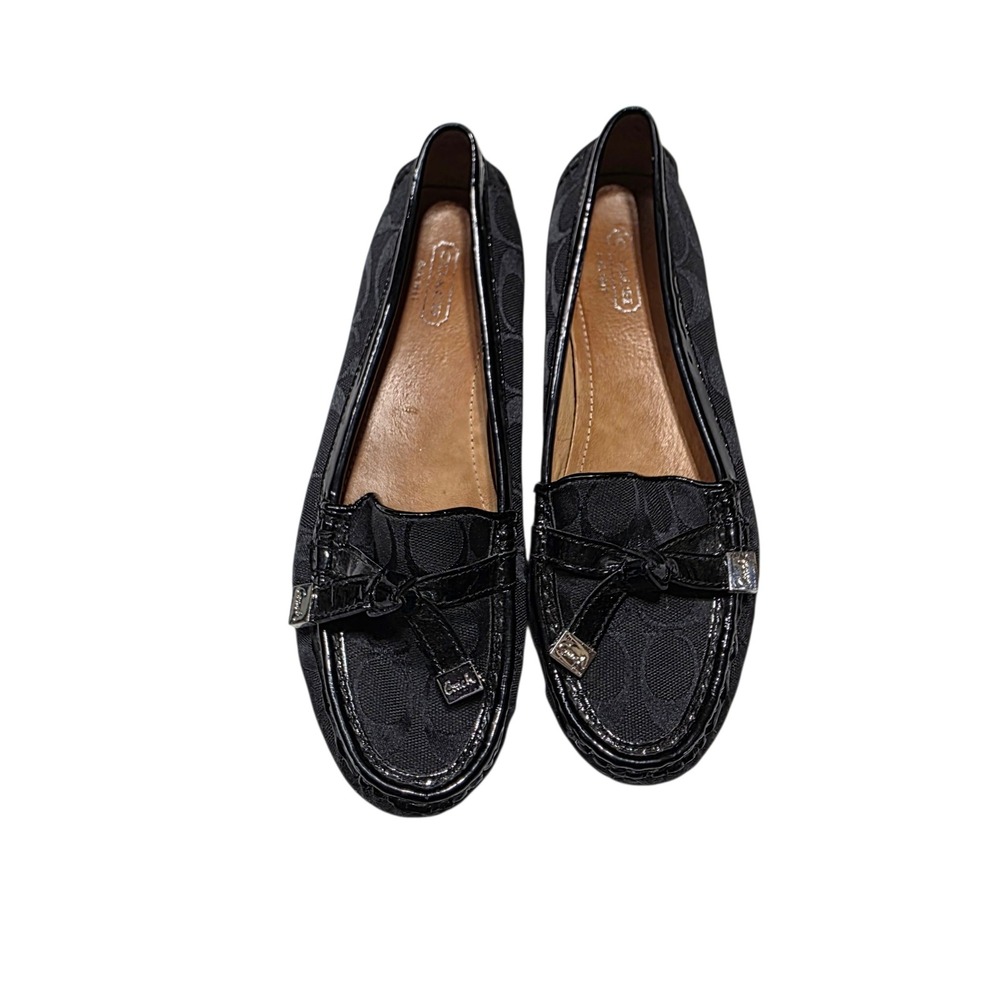 Coach Frida Loafers Womens 7.5B Black Signature Canvas Patent Leather Bow Shoes - Picture 3 of 9